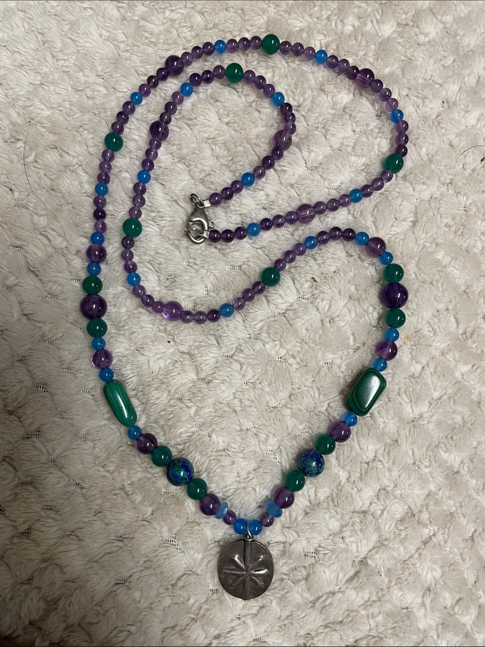 Sterling amethyst Purple & Green Beaded Necklace with Silver Sand Dollar Pendant